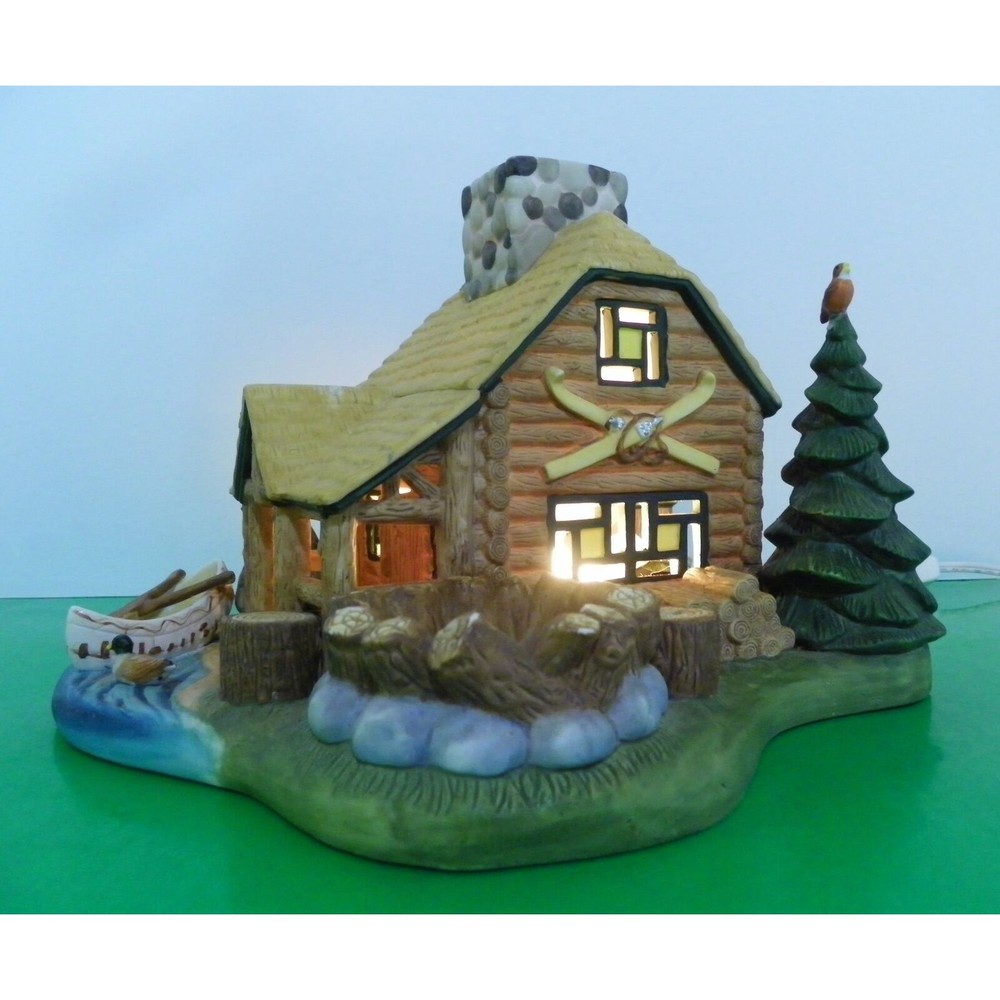 Partylite GONE FISHIN' Ceramic Log Cabin Lodge Tealight Candle Holder P7305